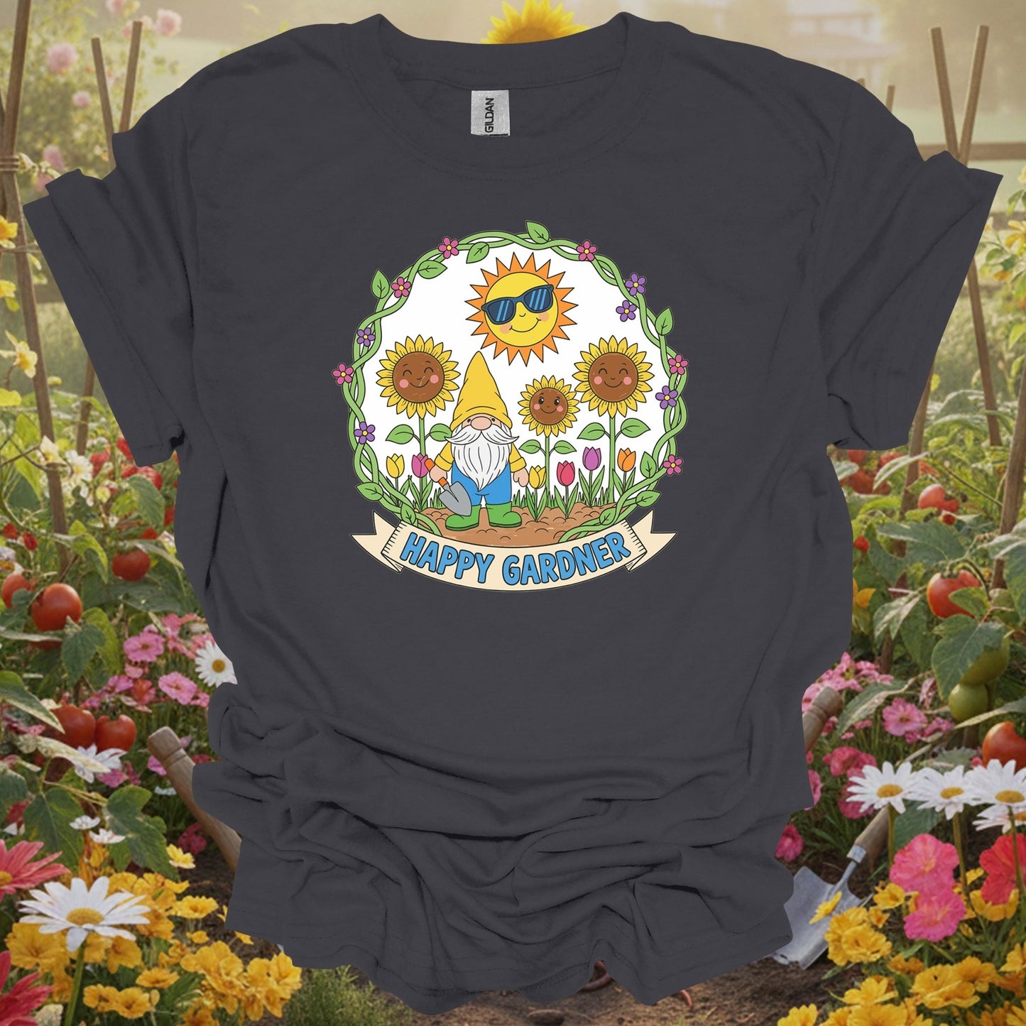 Charcoal tee showing happy gardner cute gnome & sunflower for plant lovers