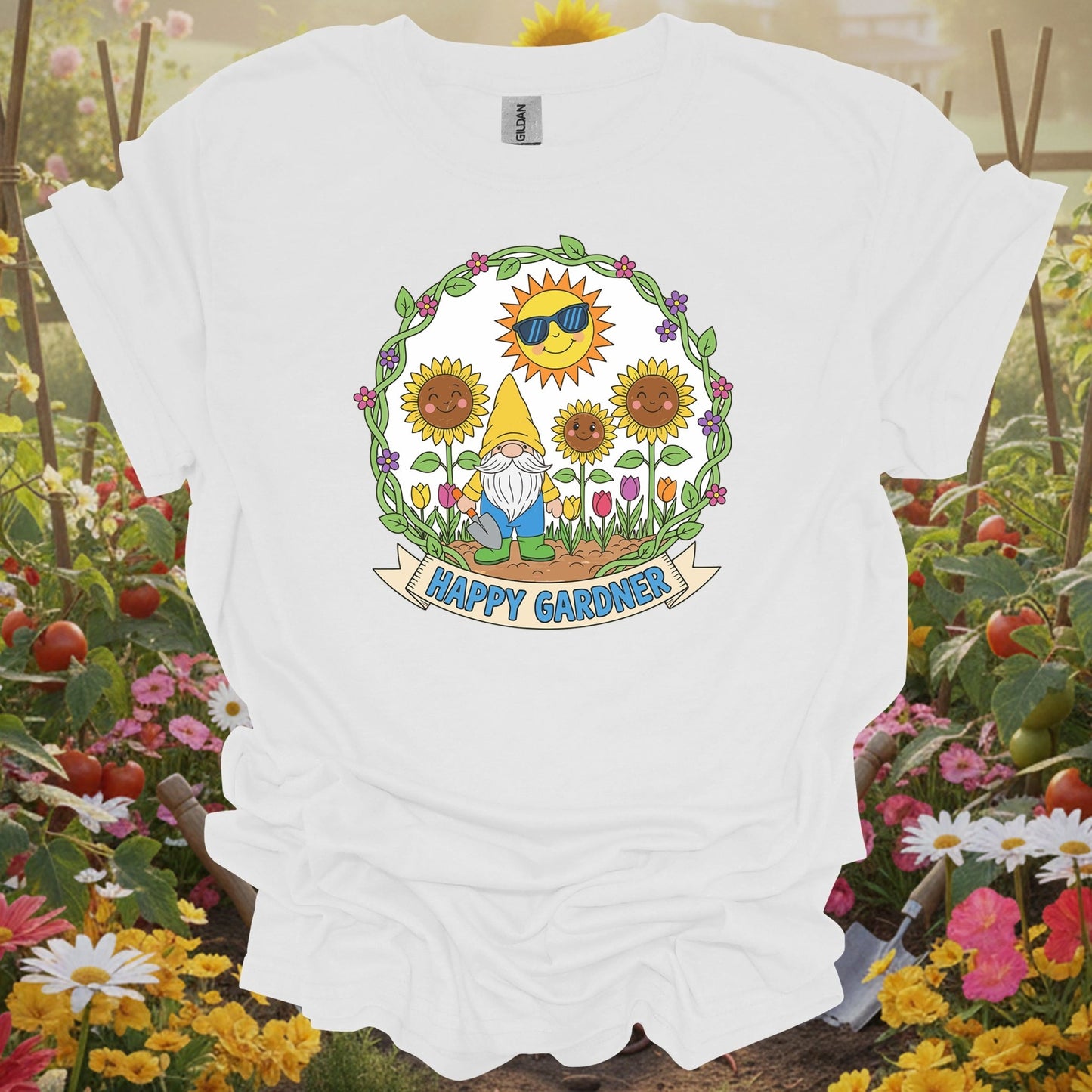 White shirt showing happy gardner cute gnome & sunflower for outdoor enthusiasts