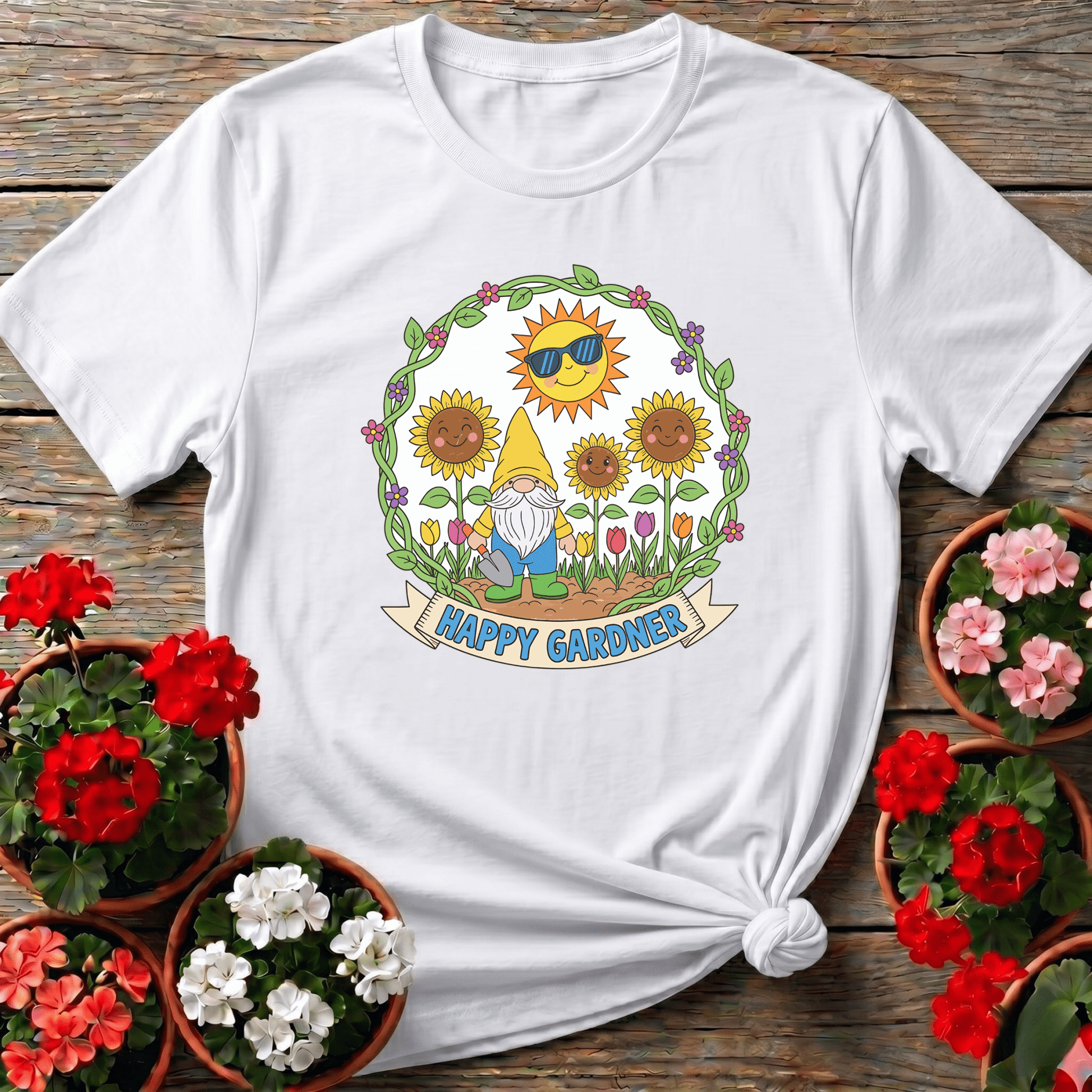 Happy Gardner Cute Gnome & Sunflower T-shirt - GardeningTshirts