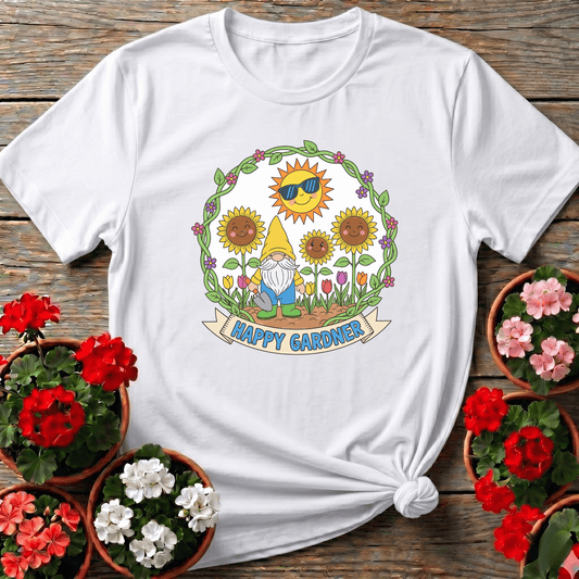 Happy Gardner Cute Gnome & Sunflower T-shirt - GardeningTshirts
