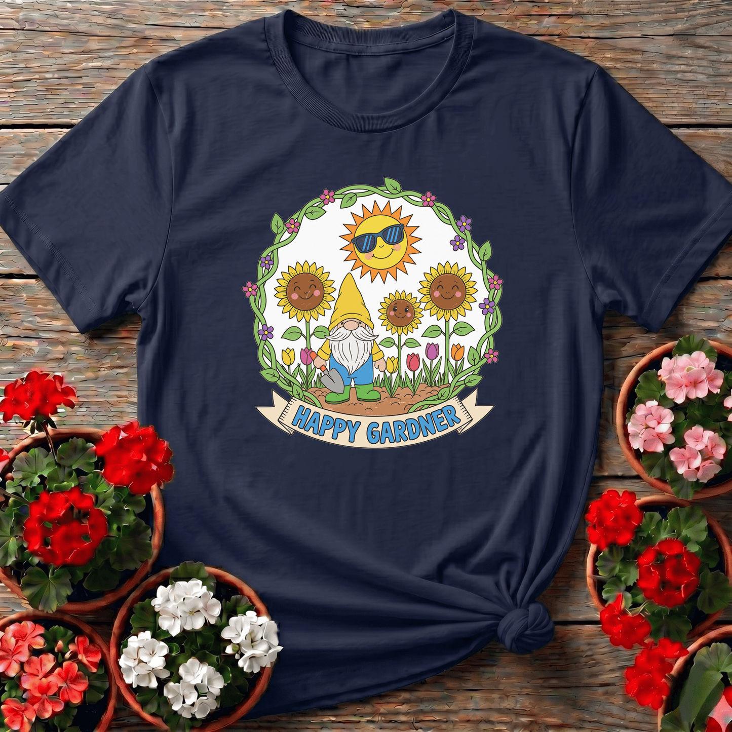 Happy Gardner Cute Gnome & Sunflower T-shirt - GardeningTshirts