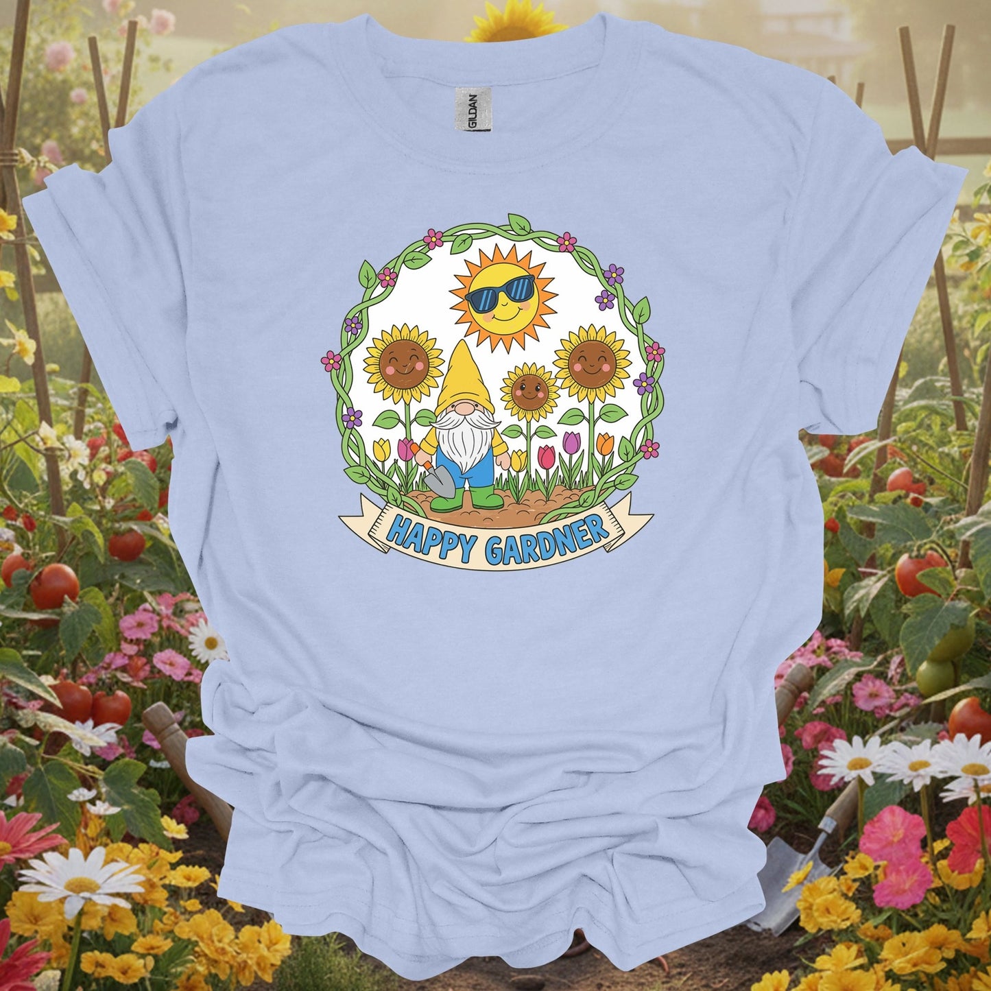 Light Blue shirt showing happy gardner cute gnome & sunflower for home gardeners