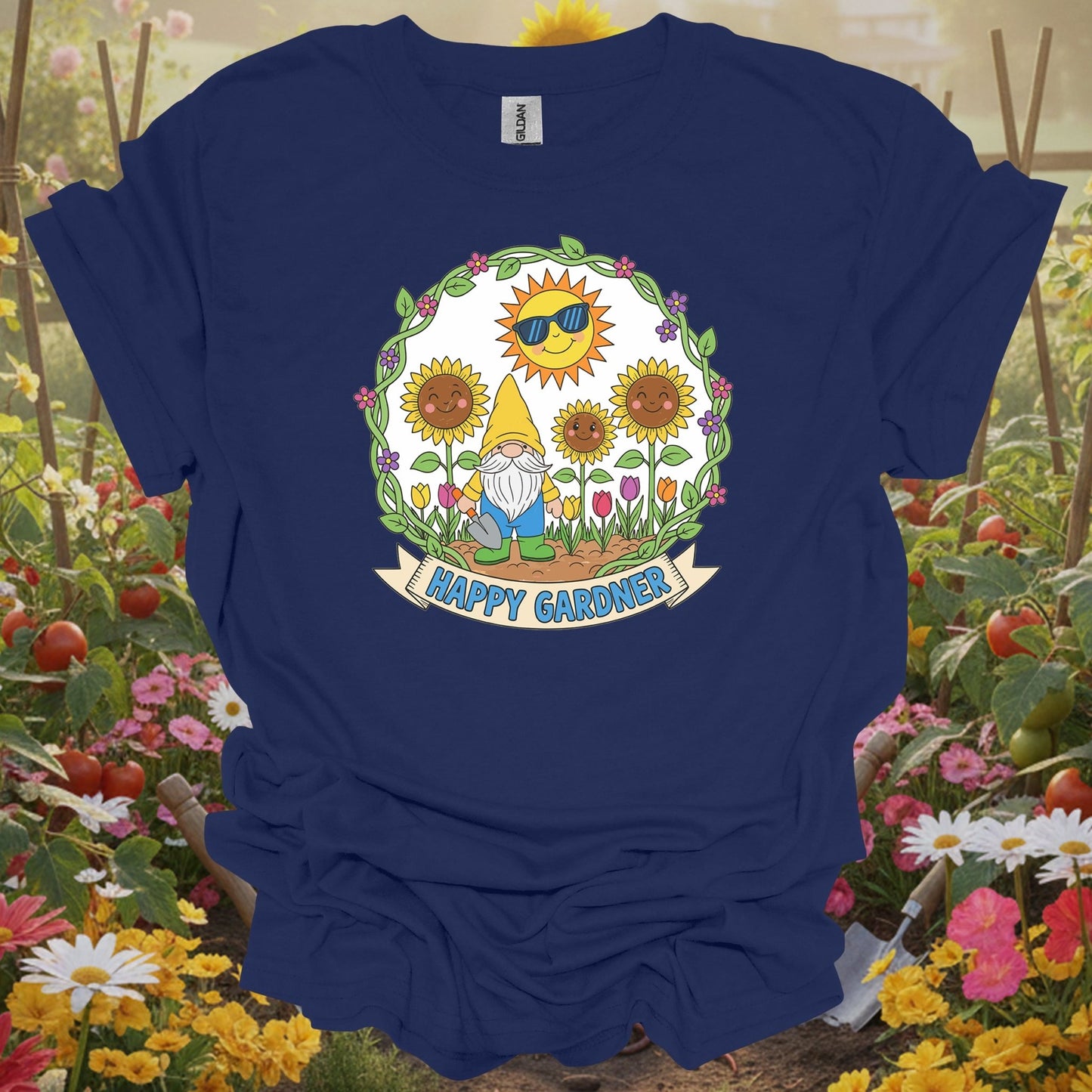 Navy top showing happy gardner cute gnome & sunflower for green thumb folks