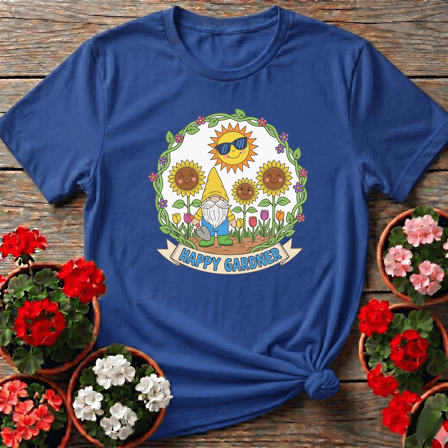 Happy Gardner Cute Gnome & Sunflower T-shirt - GardeningTshirts