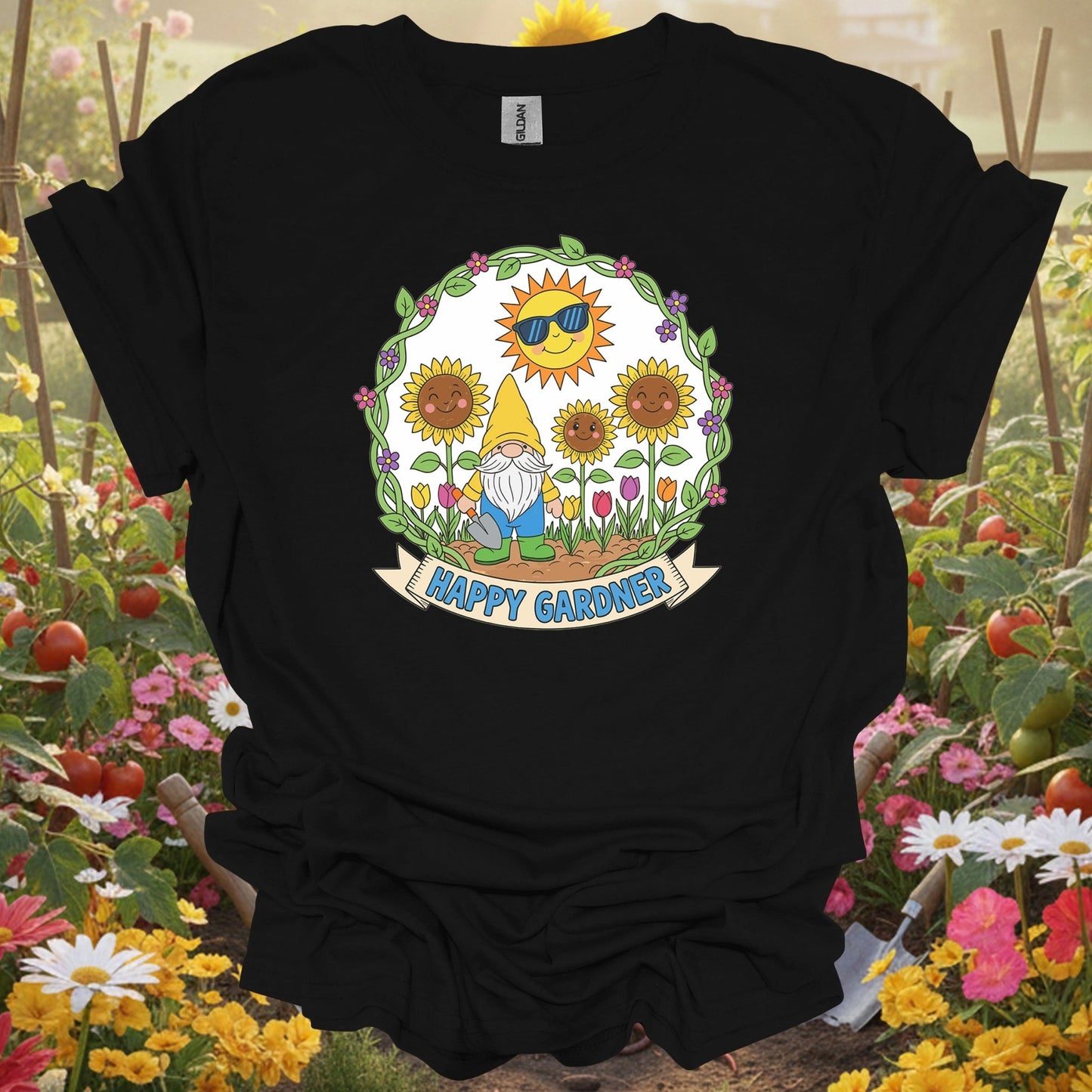 Black top showing happy gardner cute gnome & sunflower for nature lovers