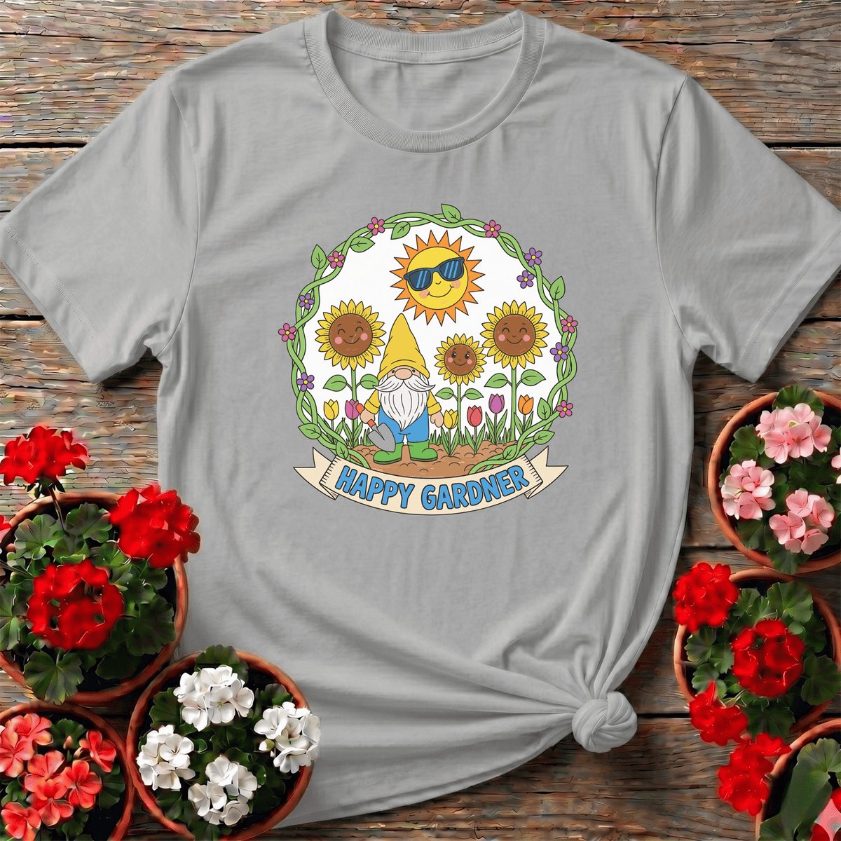 Happy Gardner Cute Gnome & Sunflower T-shirt - GardeningTshirts