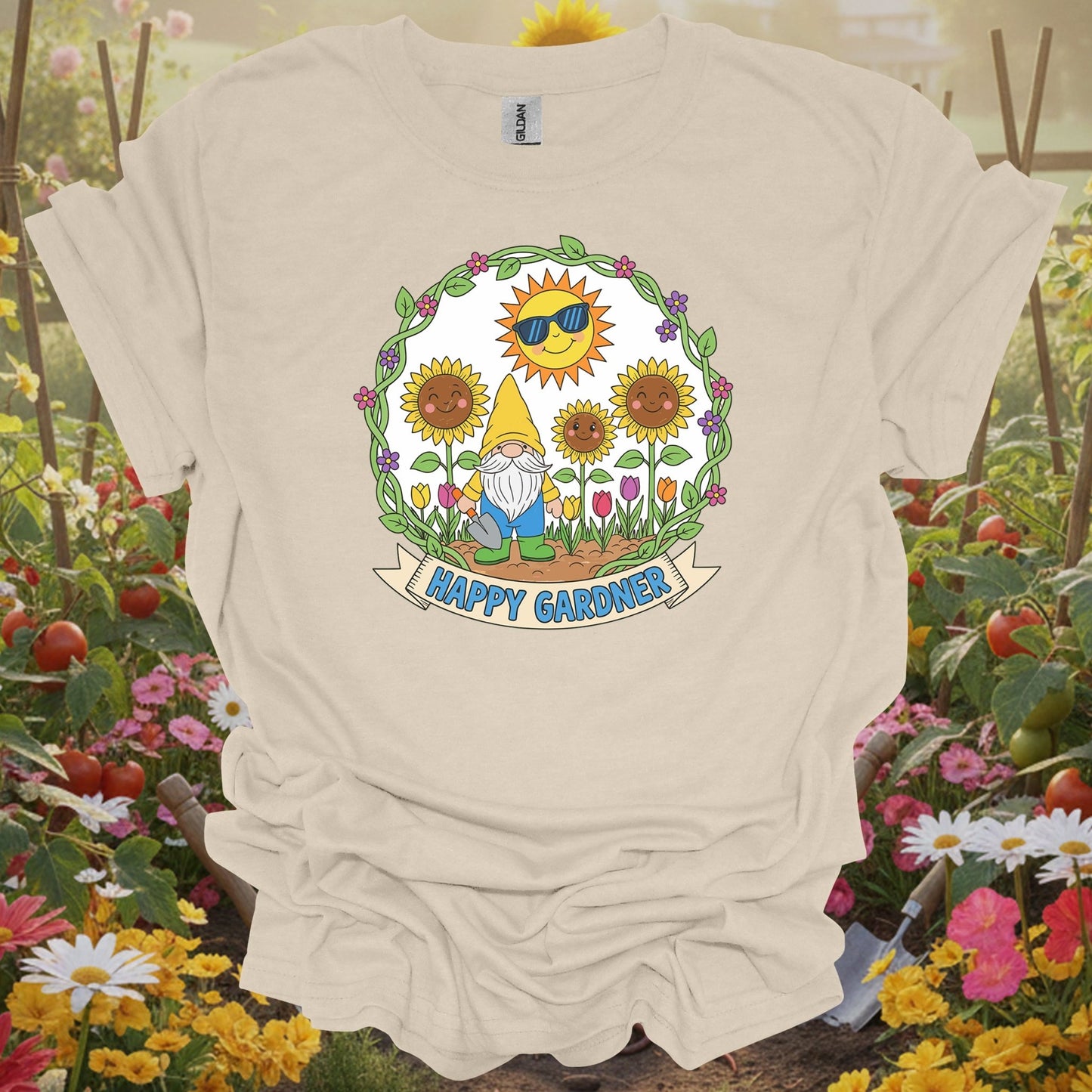 Natural tshirt showing happy gardner cute gnome & sunflower for gardening enthusiasts
