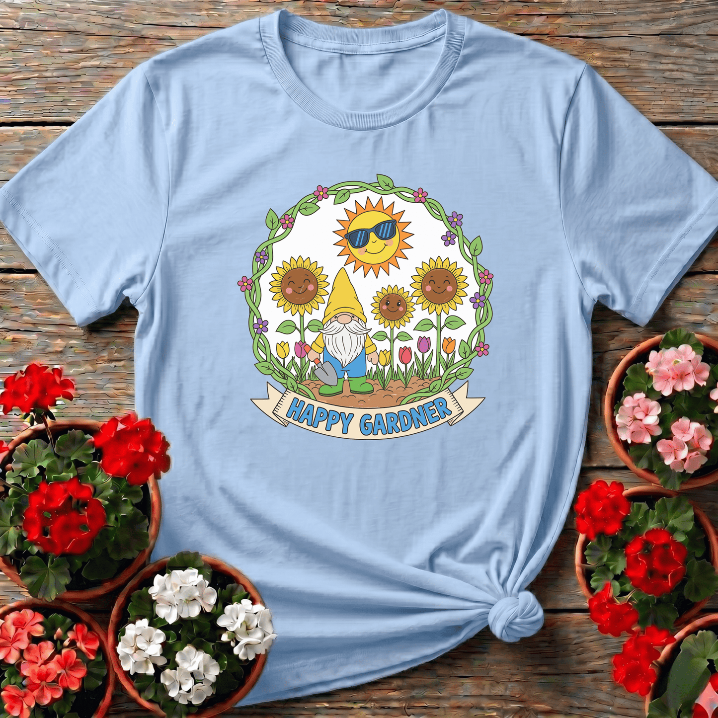 Happy Gardner Cute Gnome & Sunflower T-shirt - GardeningTshirts