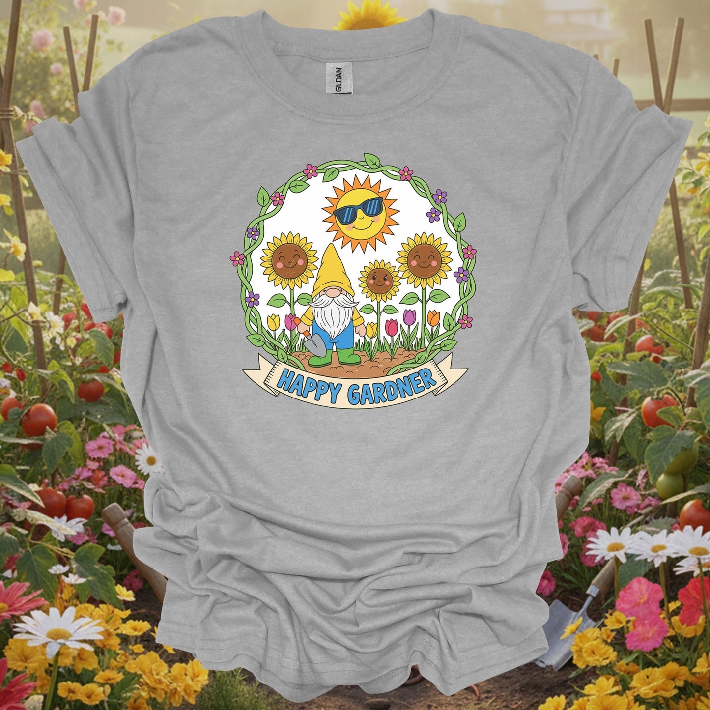 Sport Grey tee showing happy gardner cute gnome & sunflower for garden hobbyists