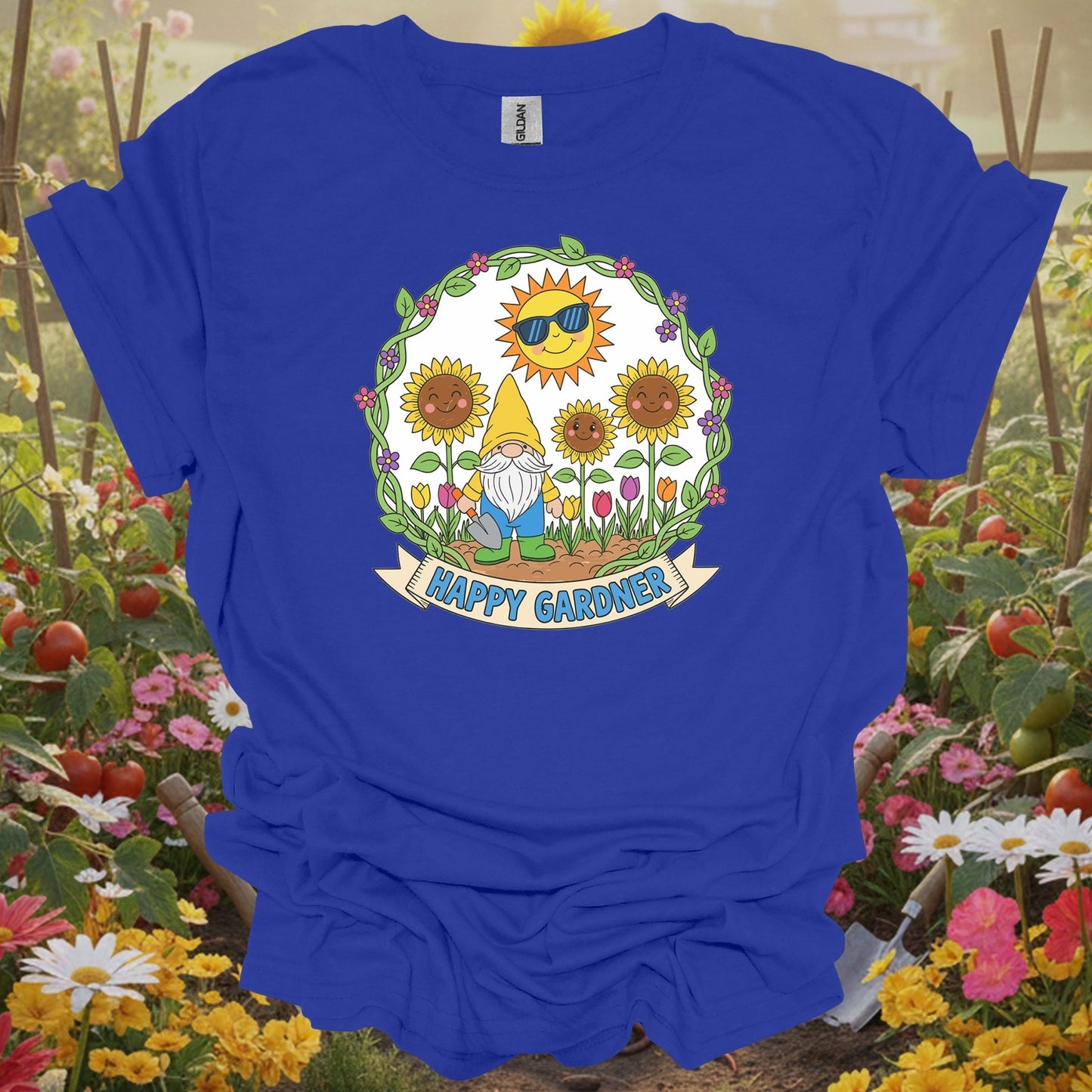 Royal tshirt showing happy gardner cute gnome & sunflower for backyard growers