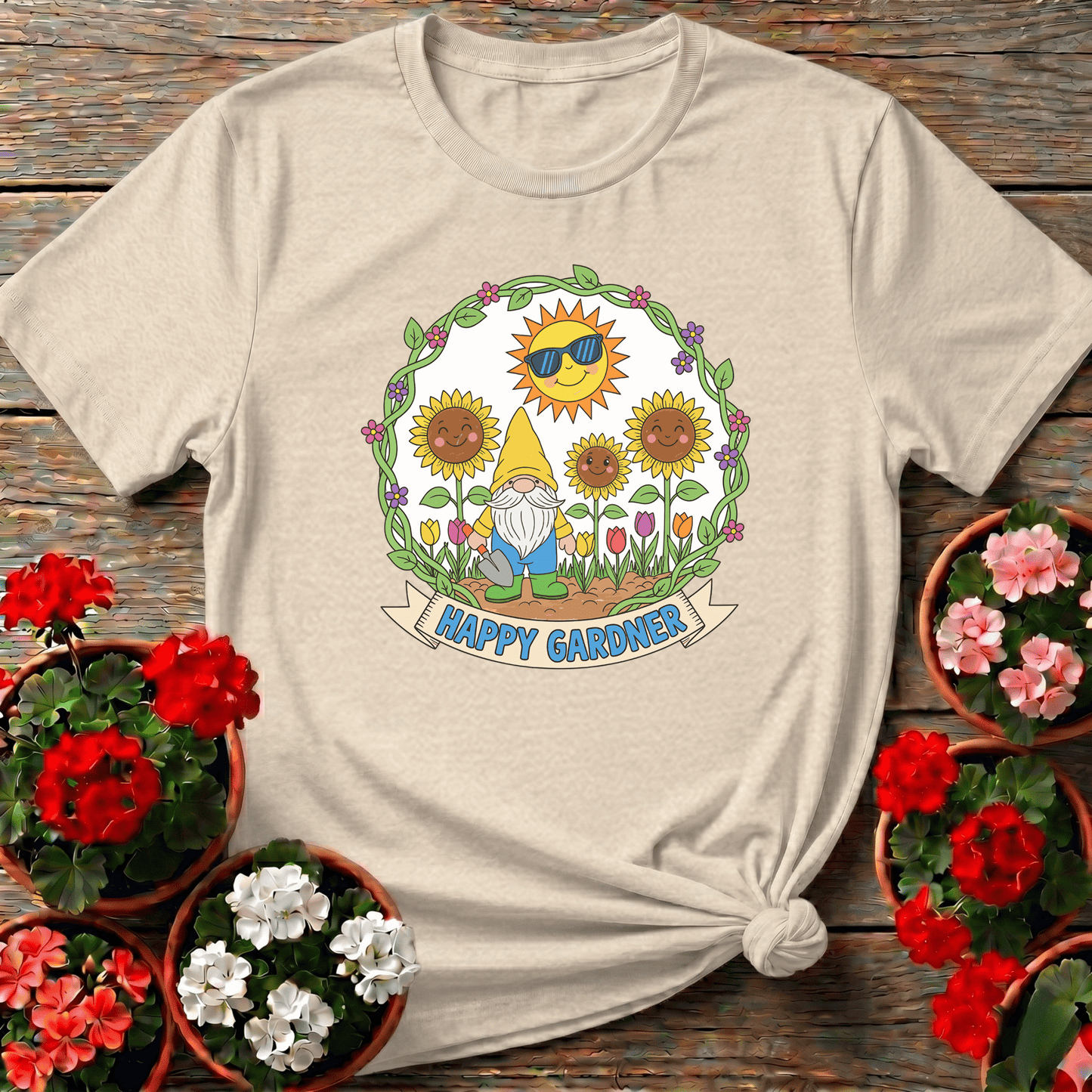 Happy Gardner Cute Gnome & Sunflower T-shirt - GardeningTshirts