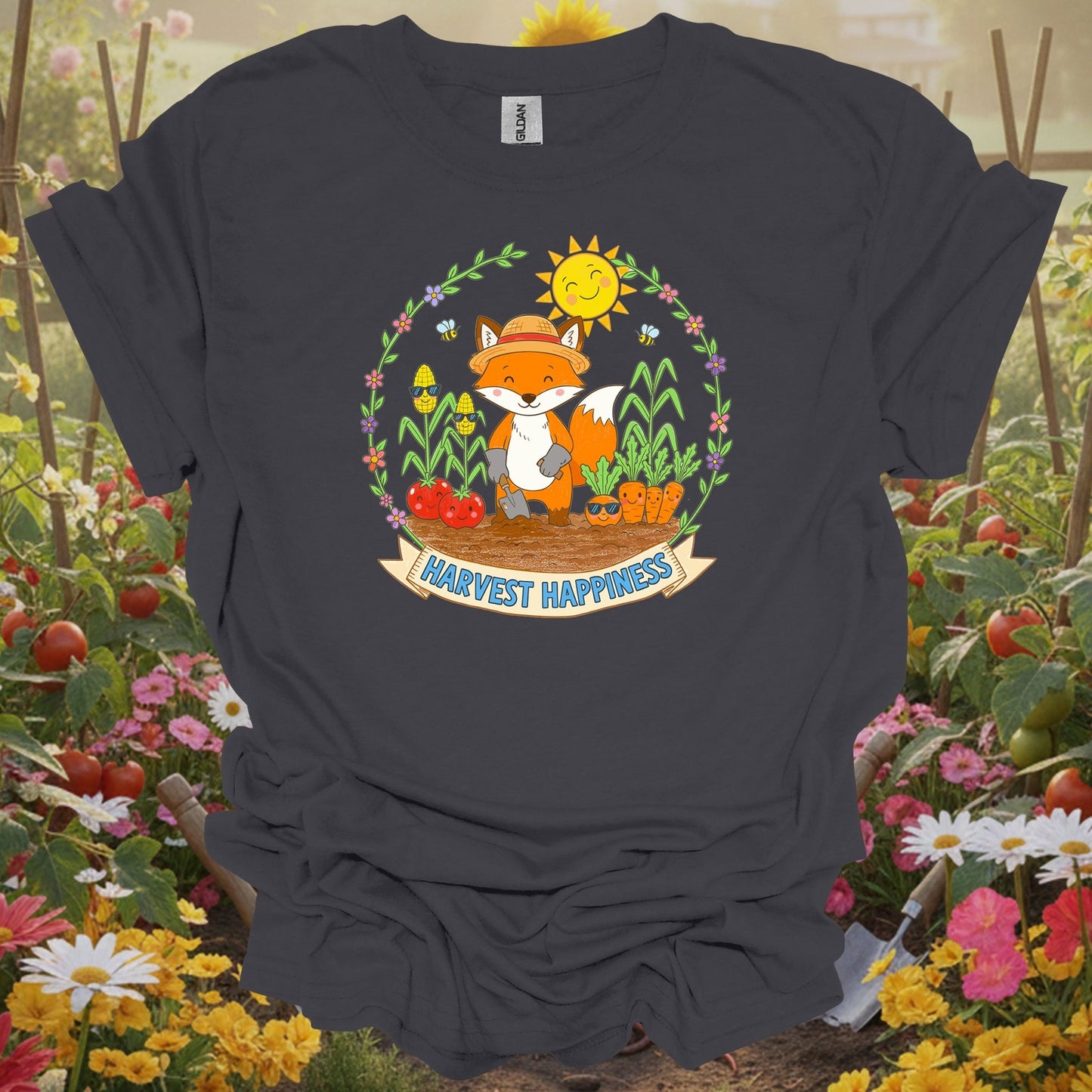 Charcoal tee showing harvest happiness cute fox gardener for plant lovers