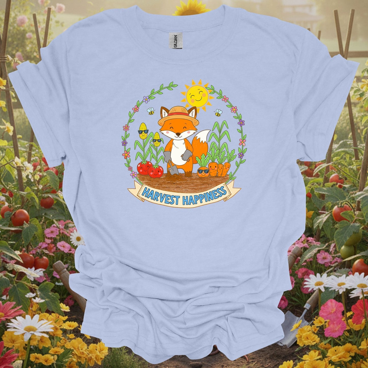Light Blue shirt showing harvest happiness cute fox gardener for home gardeners