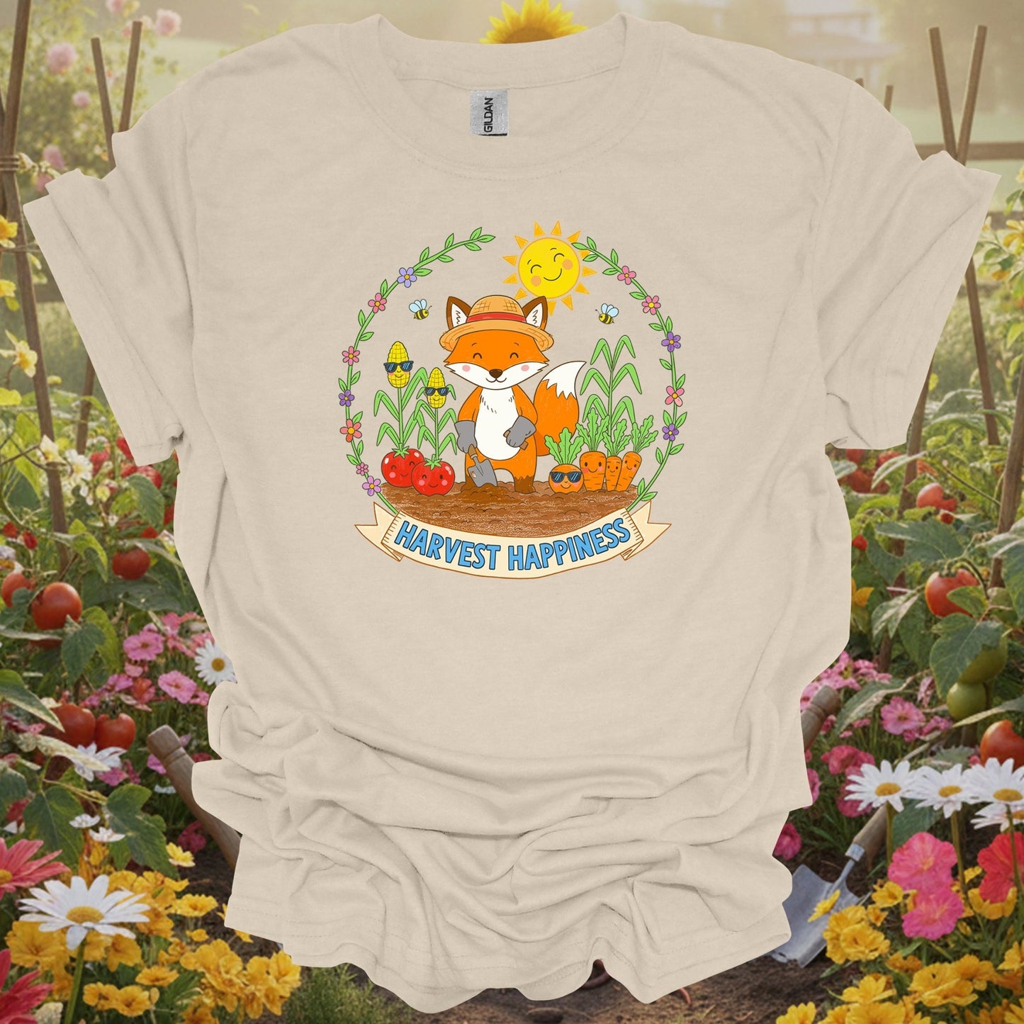 Natural tshirt showing harvest happiness cute fox gardener for people who love plants