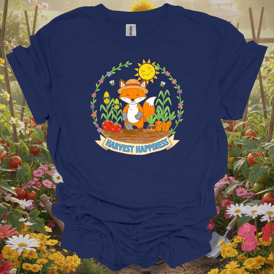 Navy tshirt showing harvest happiness cute fox gardener for gardening enthusiasts