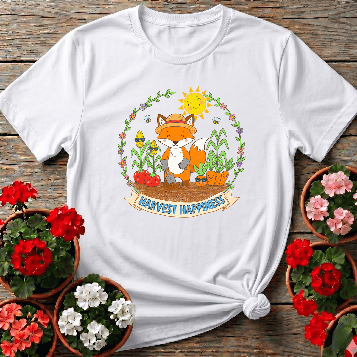 Harvest Happiness Cute Fox Gardener Tee - GardeningTshirts