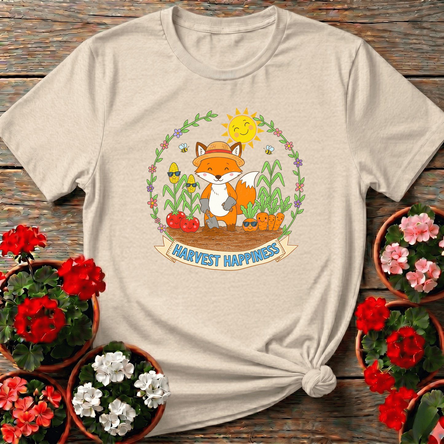 Harvest Happiness Cute Fox Gardener Tee - GardeningTshirts