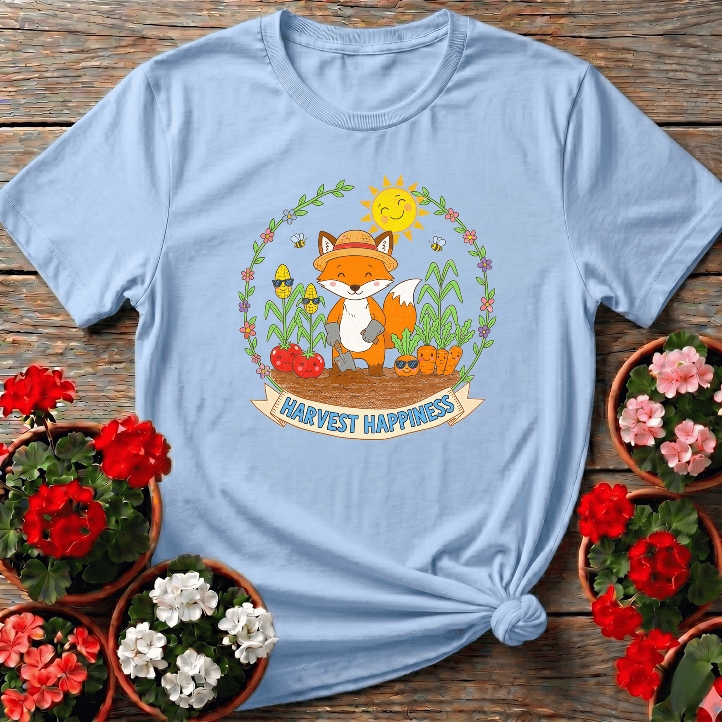 Harvest Happiness Cute Fox Gardener Tee - GardeningTshirts