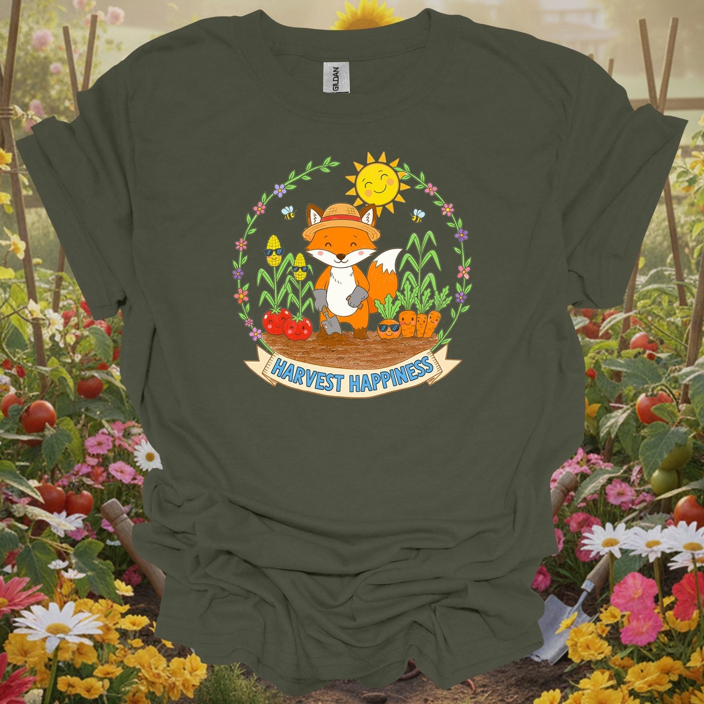 Military Green top showing harvest happiness cute fox gardener for nature lovers