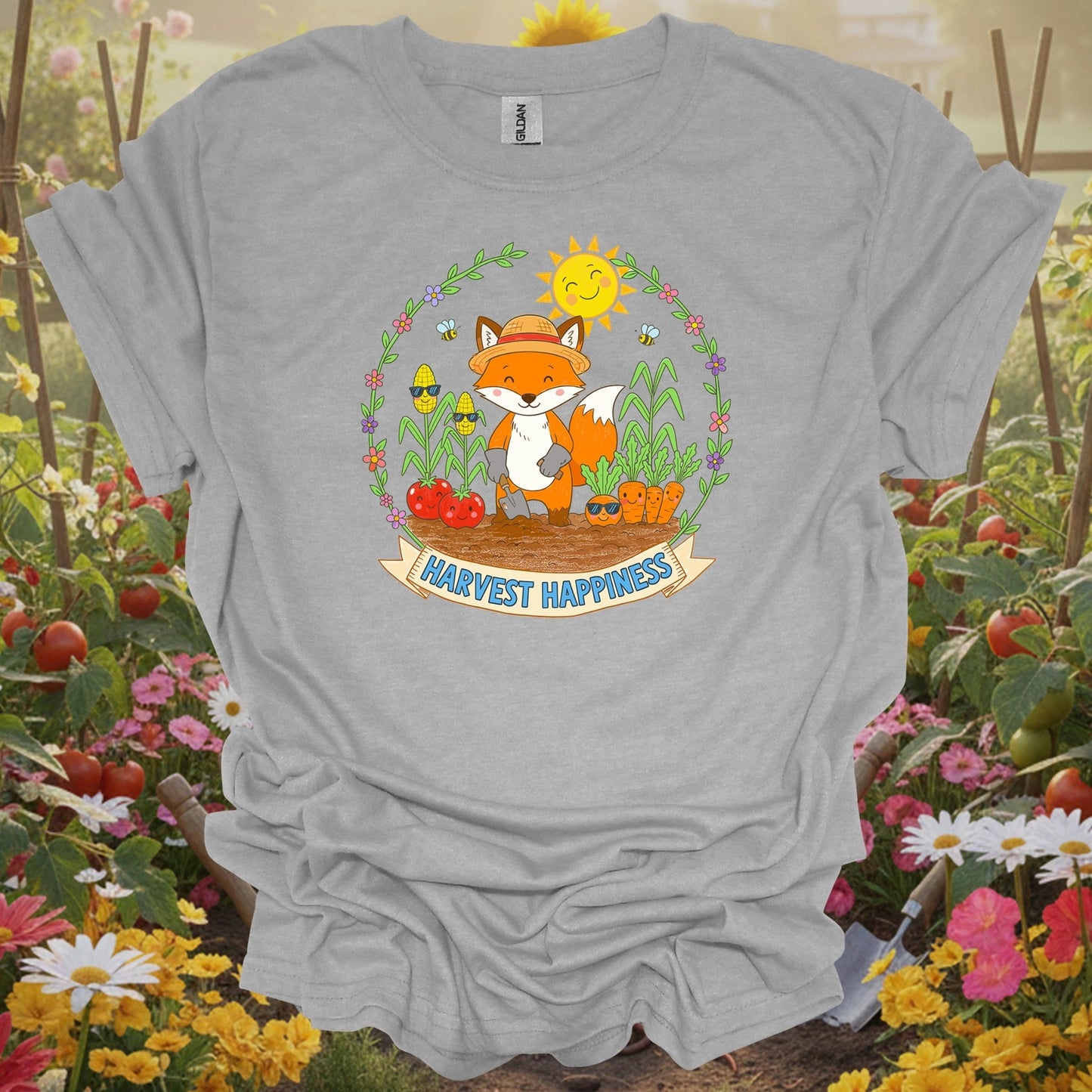 Sport Grey tshirt showing harvest happiness cute fox gardener for backyard growers