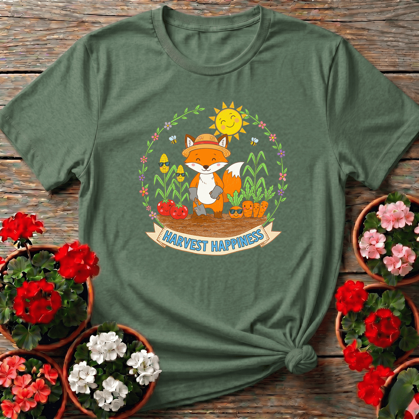 Harvest Happiness Cute Fox Gardener Tee - GardeningTshirts