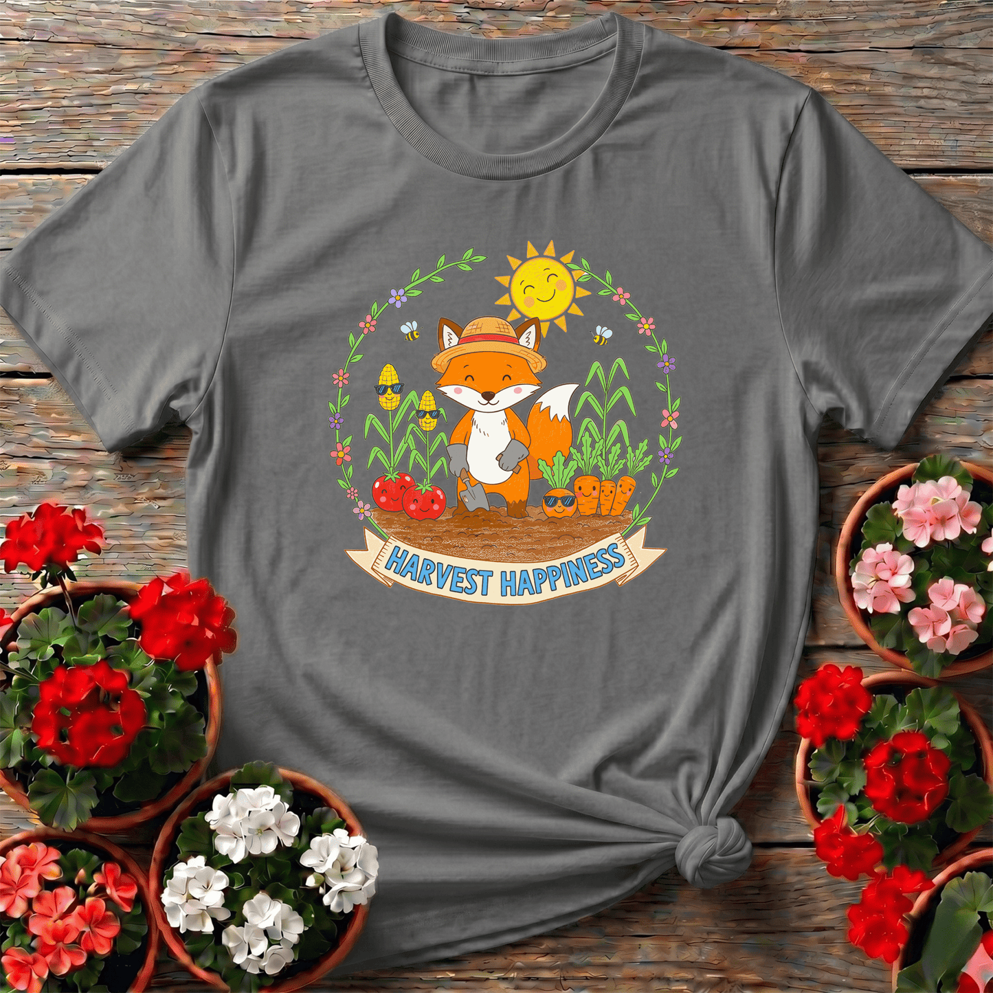 Harvest Happiness Cute Fox Gardener Tee - GardeningTshirts