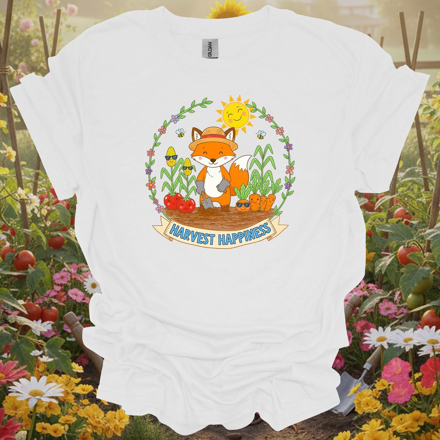 White tee showing harvest happiness cute fox gardener for garden hobbyists