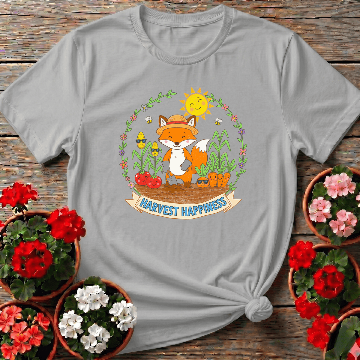 Harvest Happiness Cute Fox Gardener Tee - GardeningTshirts