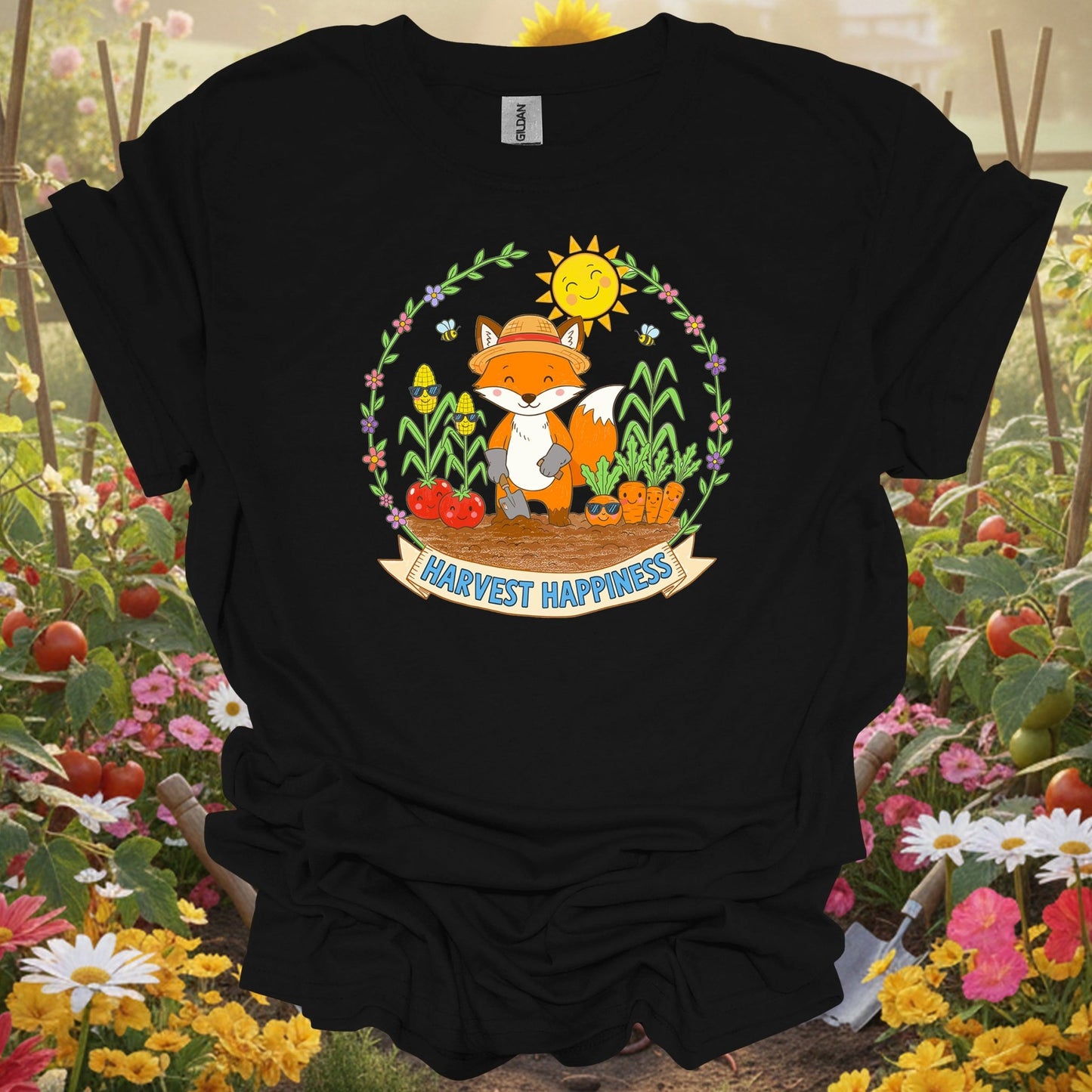 Black shirt showing harvest happiness cute fox gardener for outdoor enthusiasts