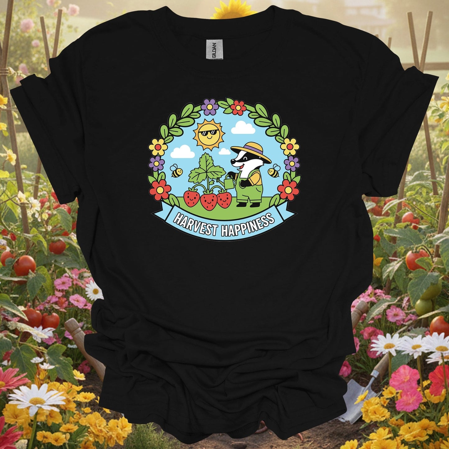 Black shirt showing whimsical badger in strawberry patch harvest happiness design for harvest celebrators