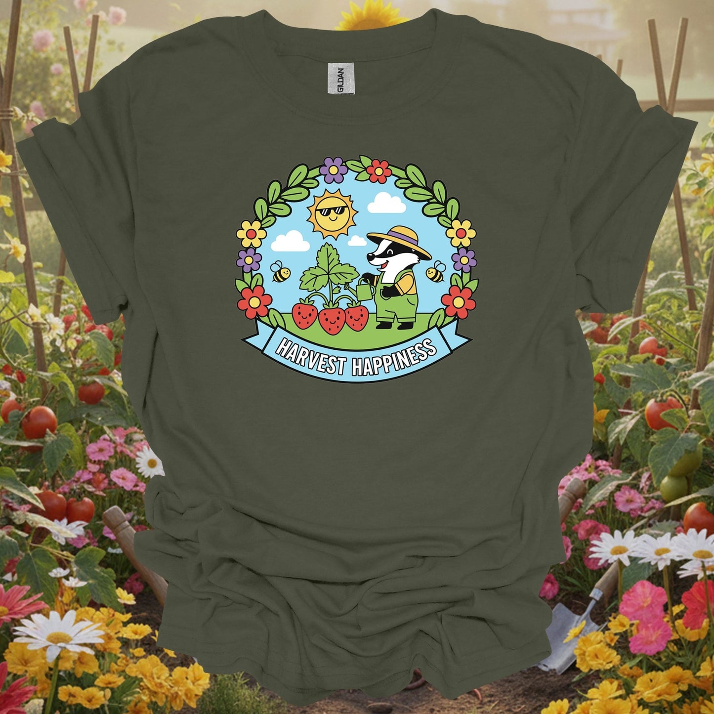 Military Green top showing whimsical badger in strawberry patch harvest happiness design for cute design fans