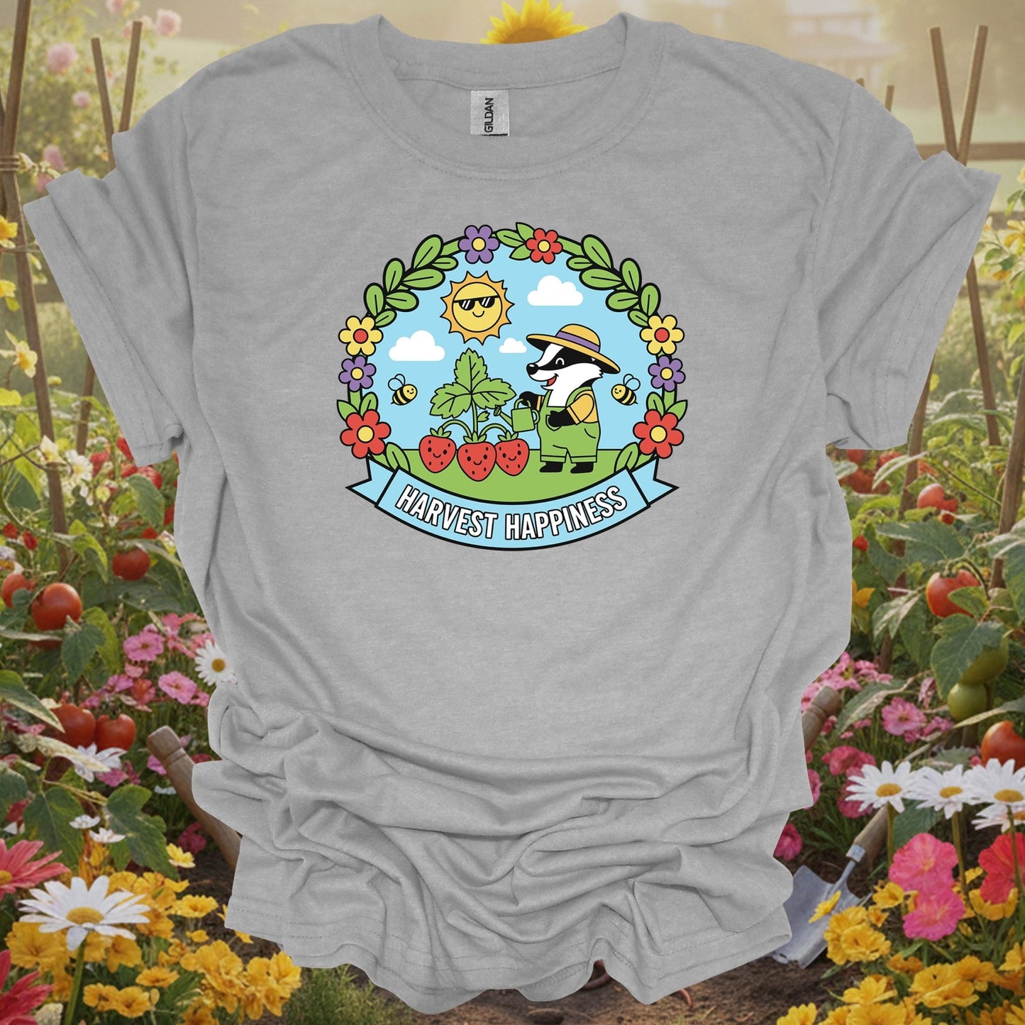 Sport Grey tshirt showing whimsical badger in strawberry patch harvest happiness design for strawberry growers