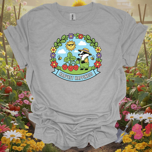 Sport Grey tshirt showing whimsical badger in strawberry patch harvest happiness design for strawberry growers
