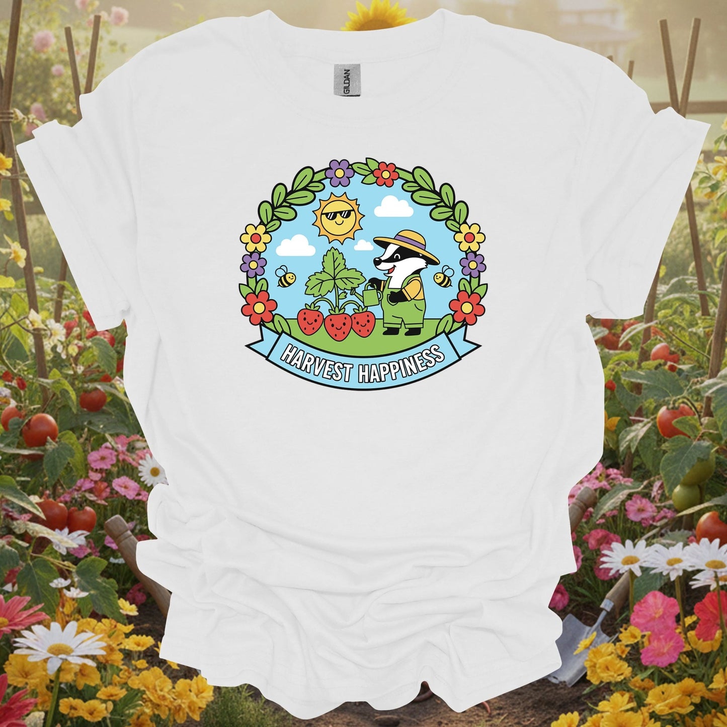 White tee showing whimsical badger in strawberry patch harvest happiness design for people with fruit gardens