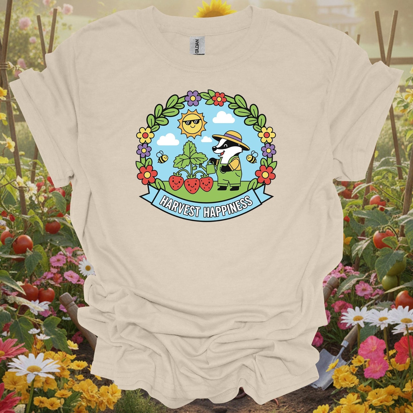 Natural tshirt showing whimsical badger in strawberry patch harvest happiness design for gardeners who find happiness outside
