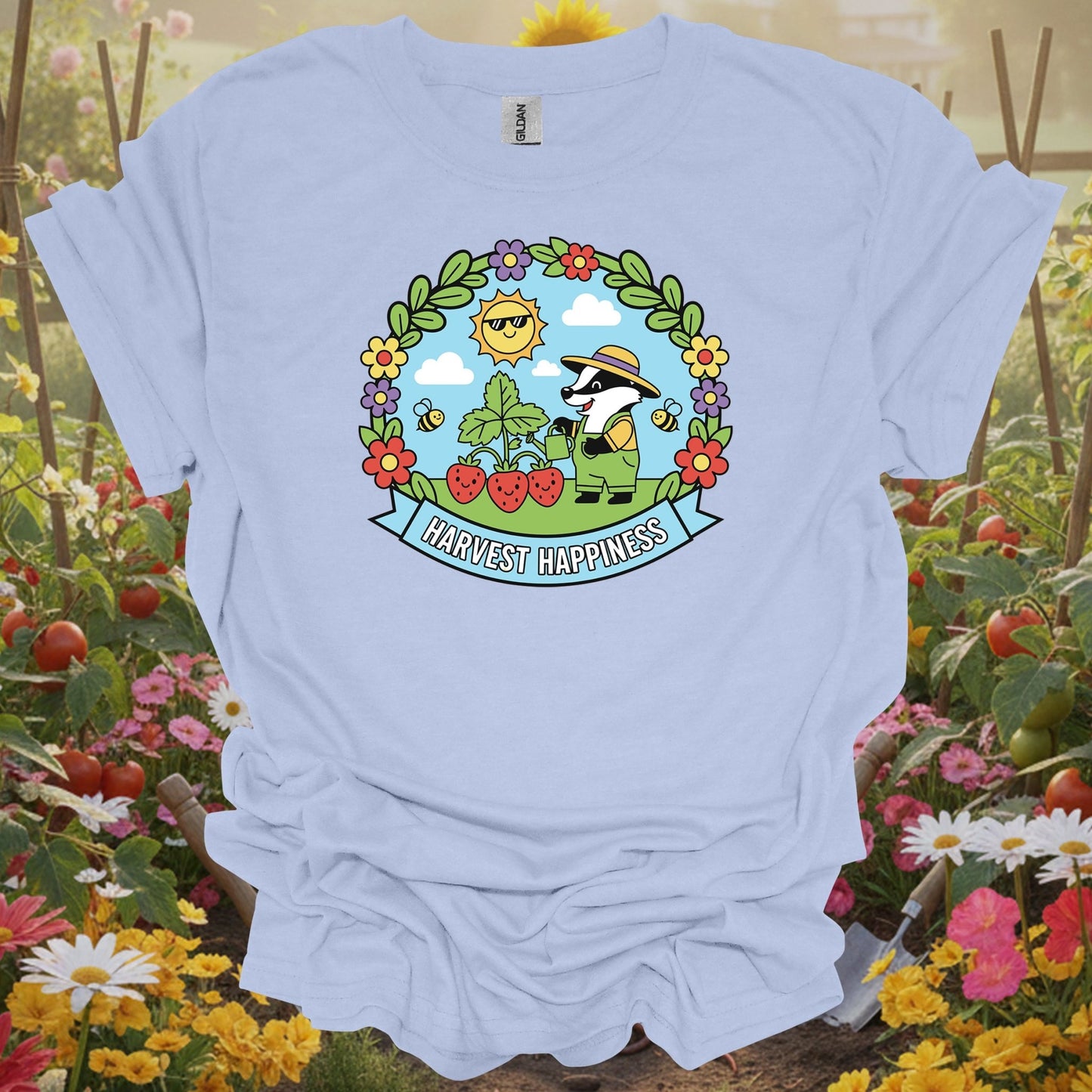Light Blue shirt showing whimsical badger in strawberry patch harvest happiness design for berry patch keepers