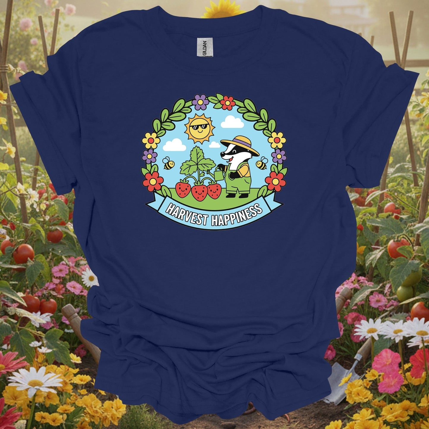 Navy top showing whimsical badger in strawberry patch harvest happiness design for folks finding garden joy
