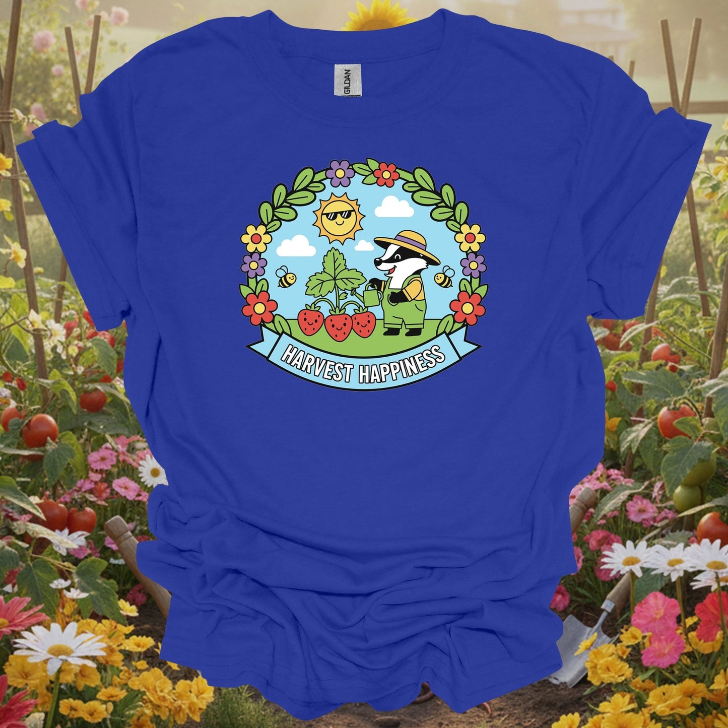 Royal tshirt showing whimsical badger in strawberry patch harvest happiness design for animal-loving gardeners
