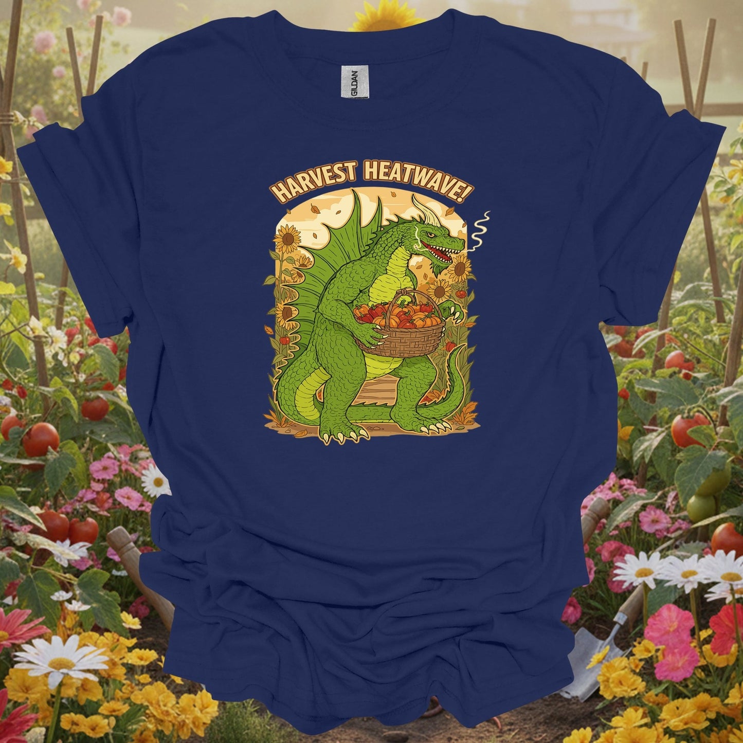 Navy shirt showing harvest heatwave dragon gardener chili pepper for home gardeners