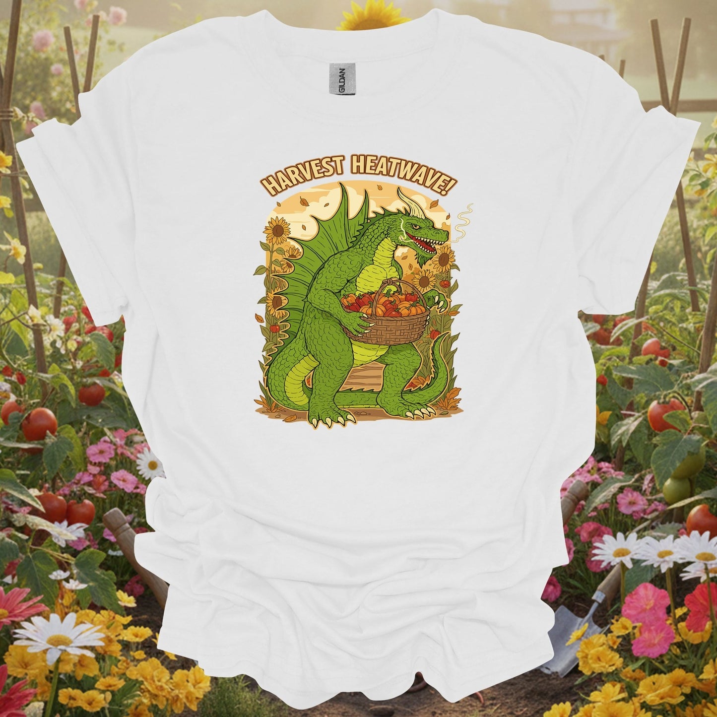 White tee showing harvest heatwave dragon gardener chili pepper for garden hobbyists