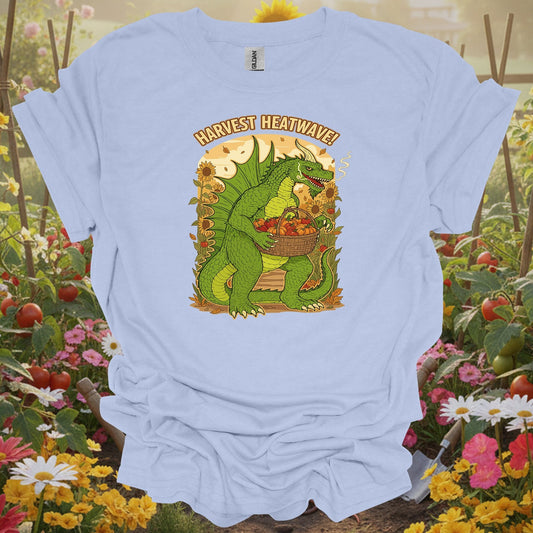 Light Blue tee showing harvest heatwave dragon gardener chili pepper for plant lovers