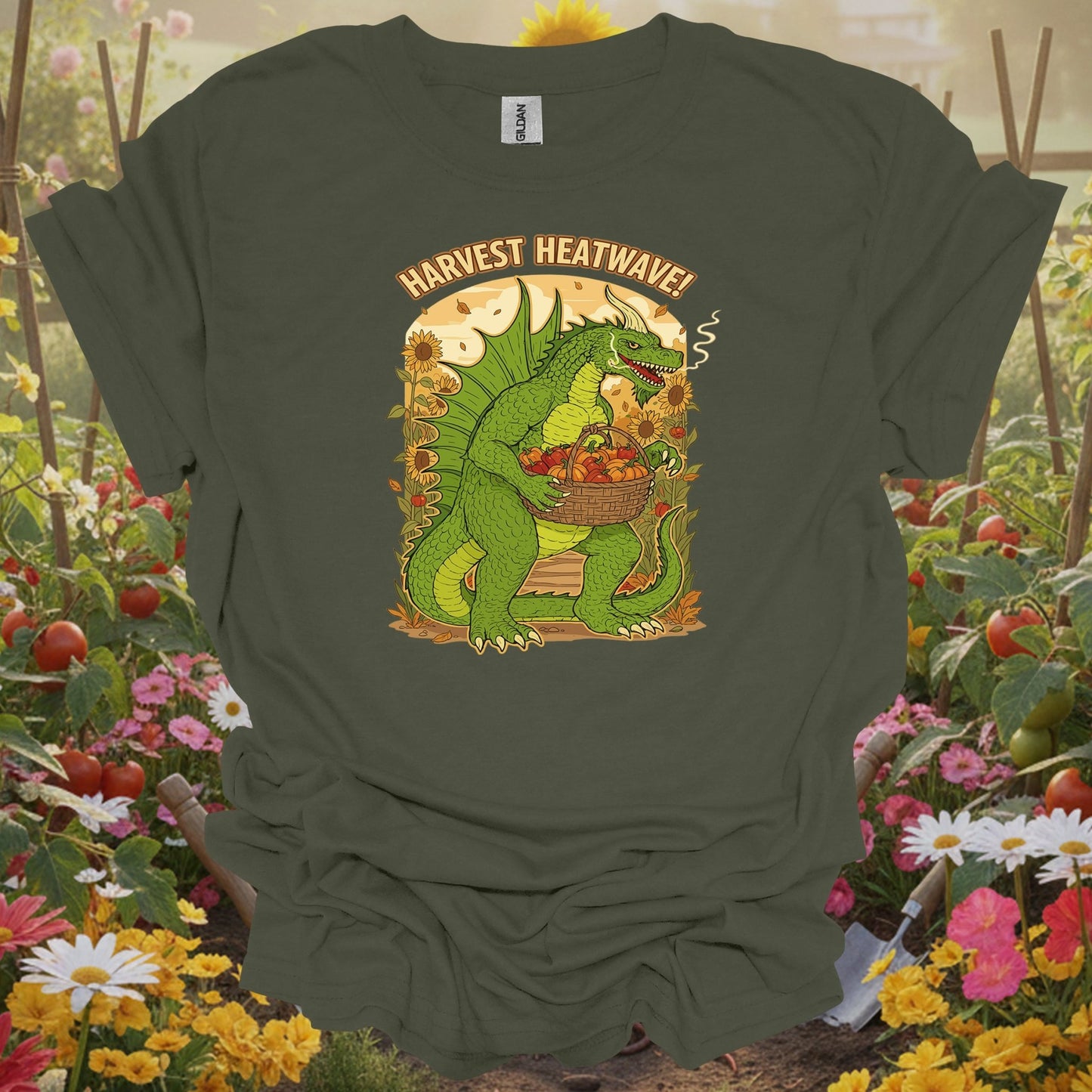 Military Green top showing harvest heatwave dragon gardener chili pepper for nature lovers