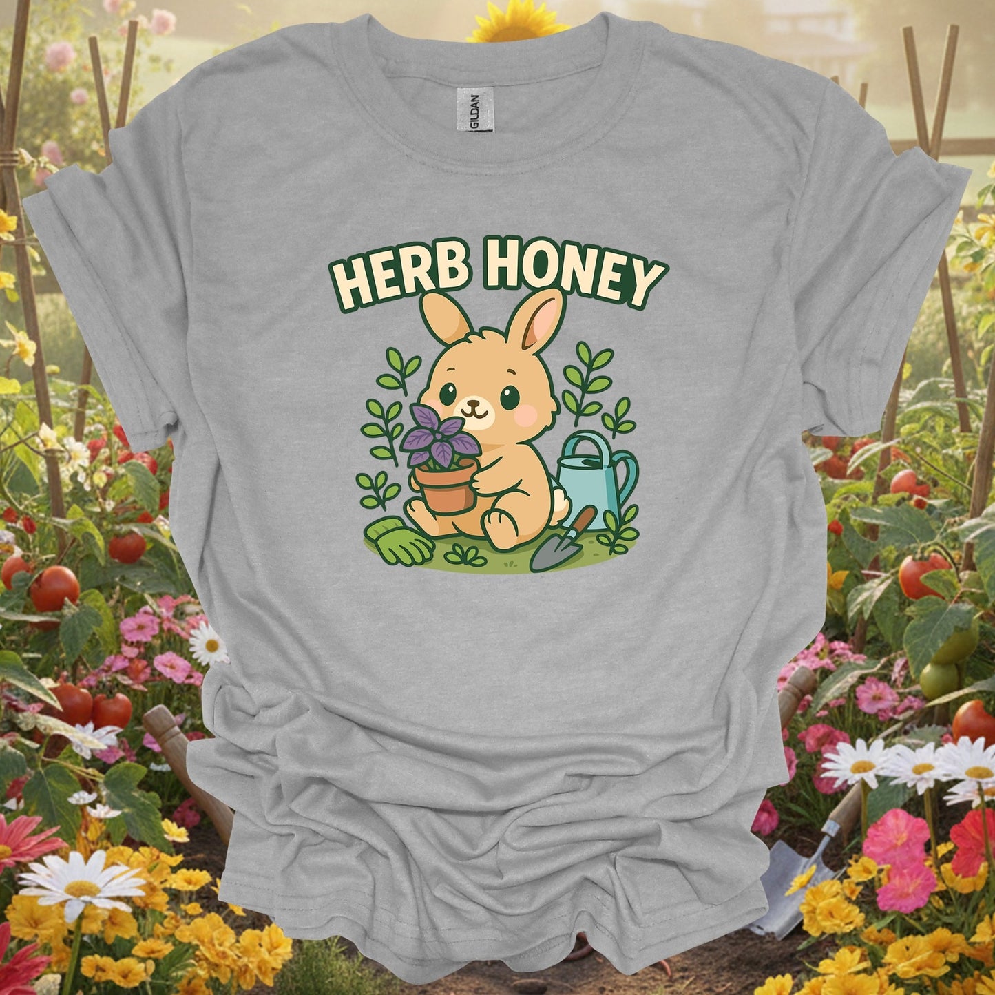Sport Grey tee showing herb honey cute kawaii bunny gardener for garden hobbyists