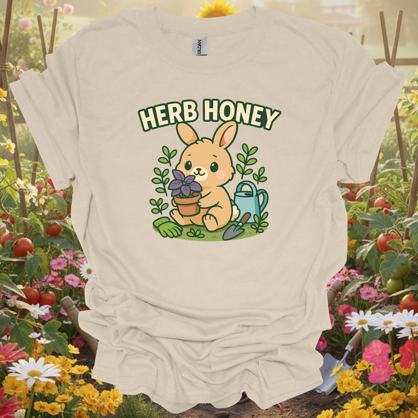Natural tshirt showing herb honey cute kawaii bunny gardener for gardening enthusiasts