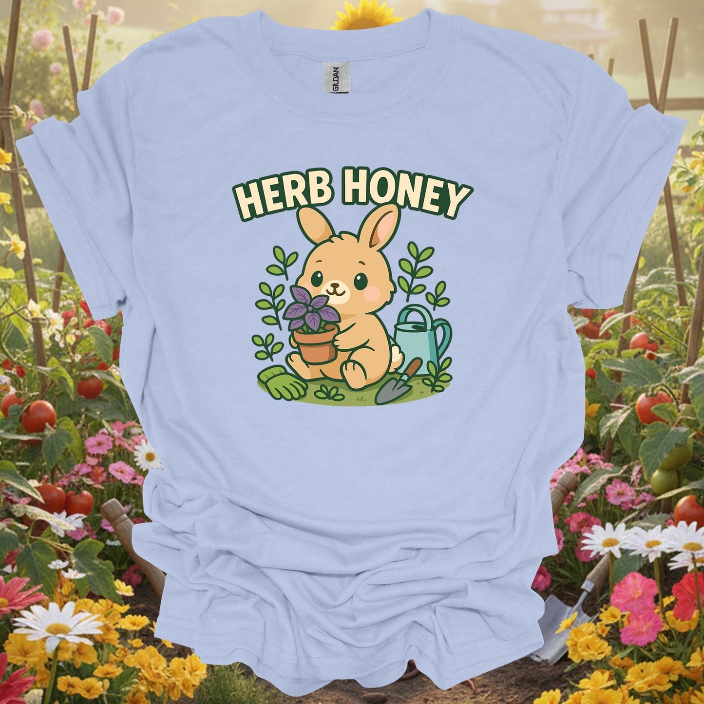 Light Blue shirt showing herb honey cute kawaii bunny gardener for home gardeners