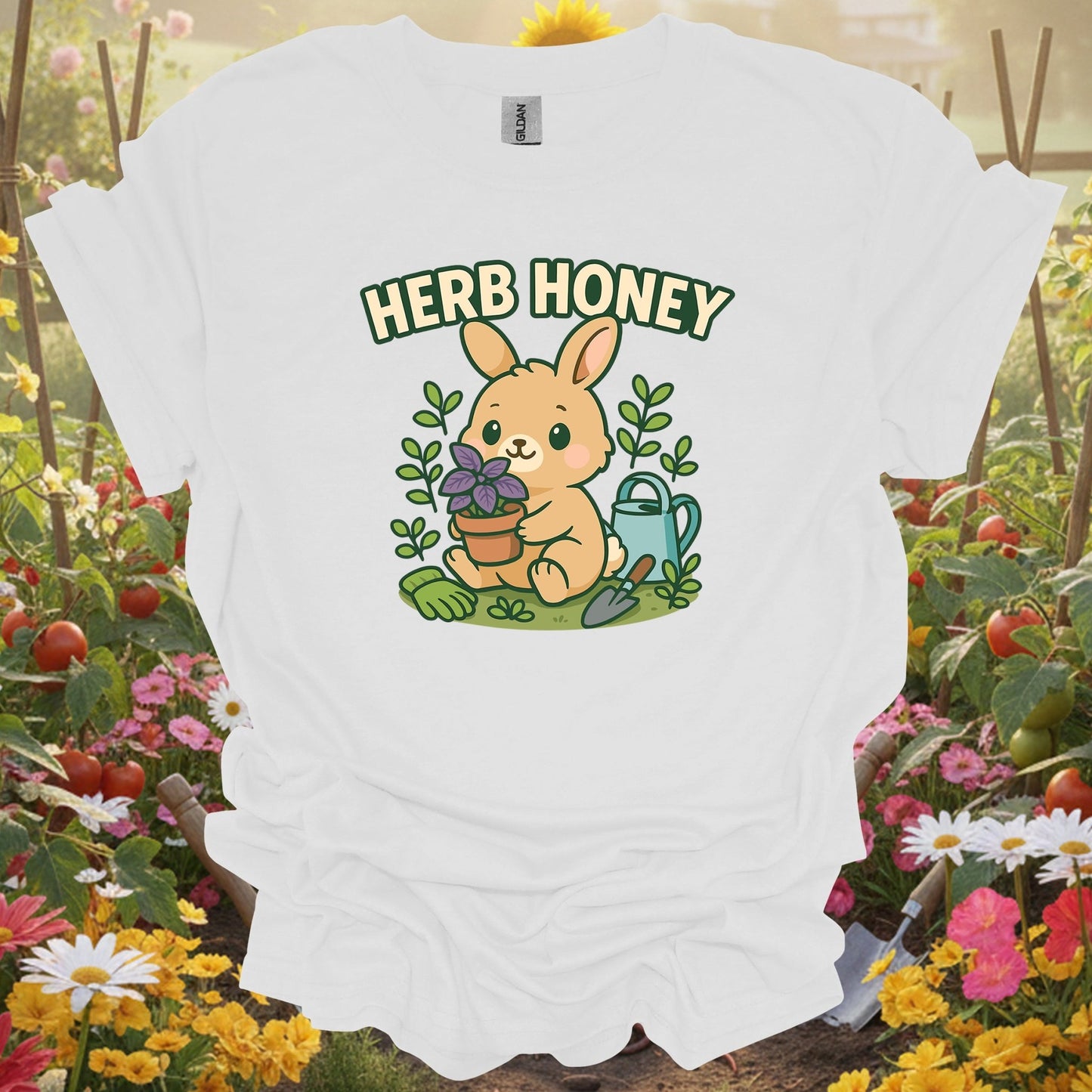 White shirt showing herb honey cute kawaii bunny gardener for outdoor enthusiasts