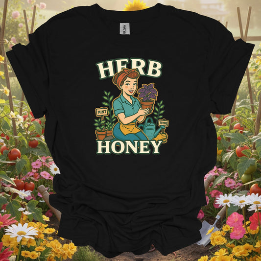 Black tshirt showing retro herb honey pin-up gardener for vintage style fans