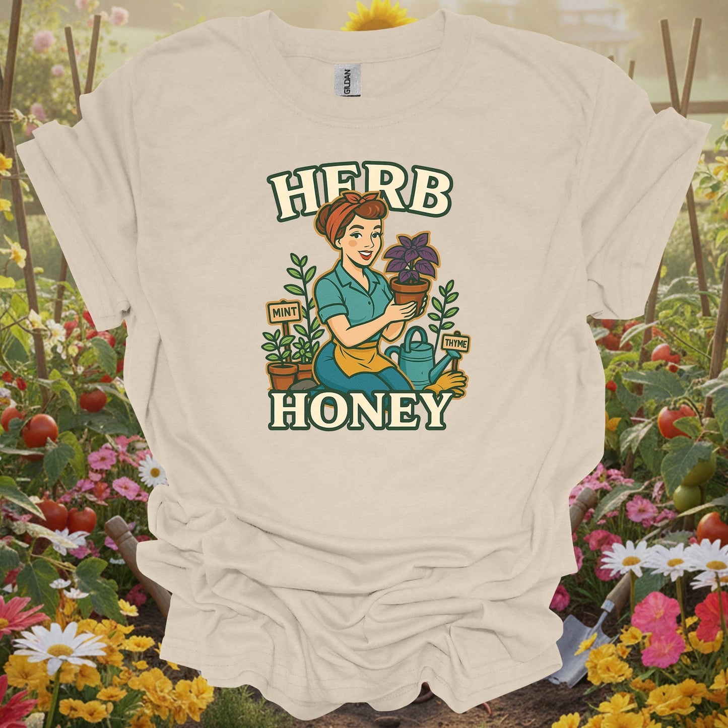 Natural tshirt showing retro herb honey pin-up gardener for folks with vintage taste