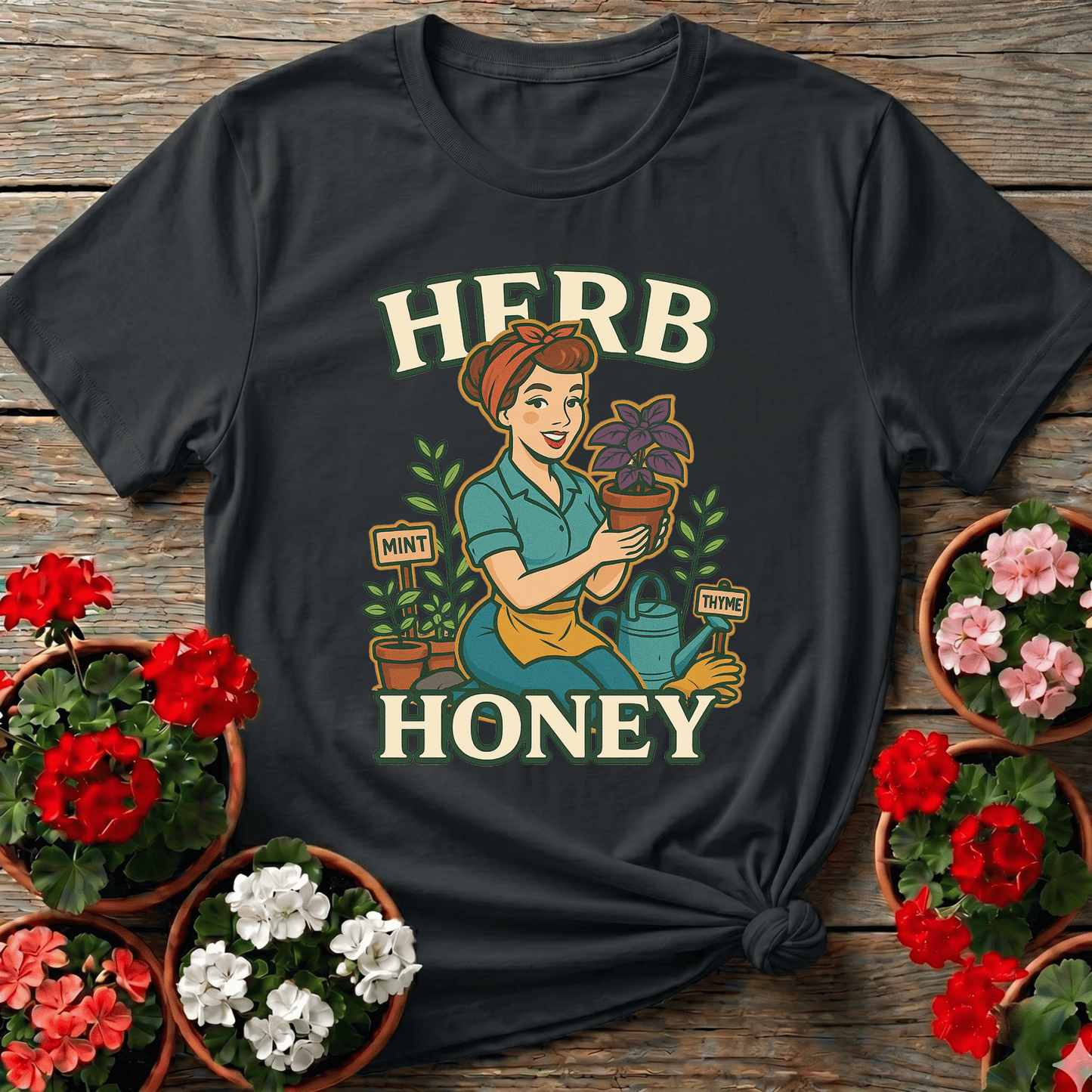 Herb Honey Retro Pin-Up Gardener T-shirt - GardeningTshirts