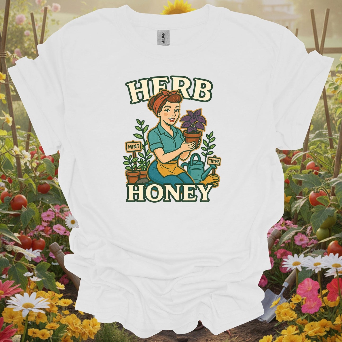 White shirt showing retro herb honey pin-up gardener for vintage art collectors